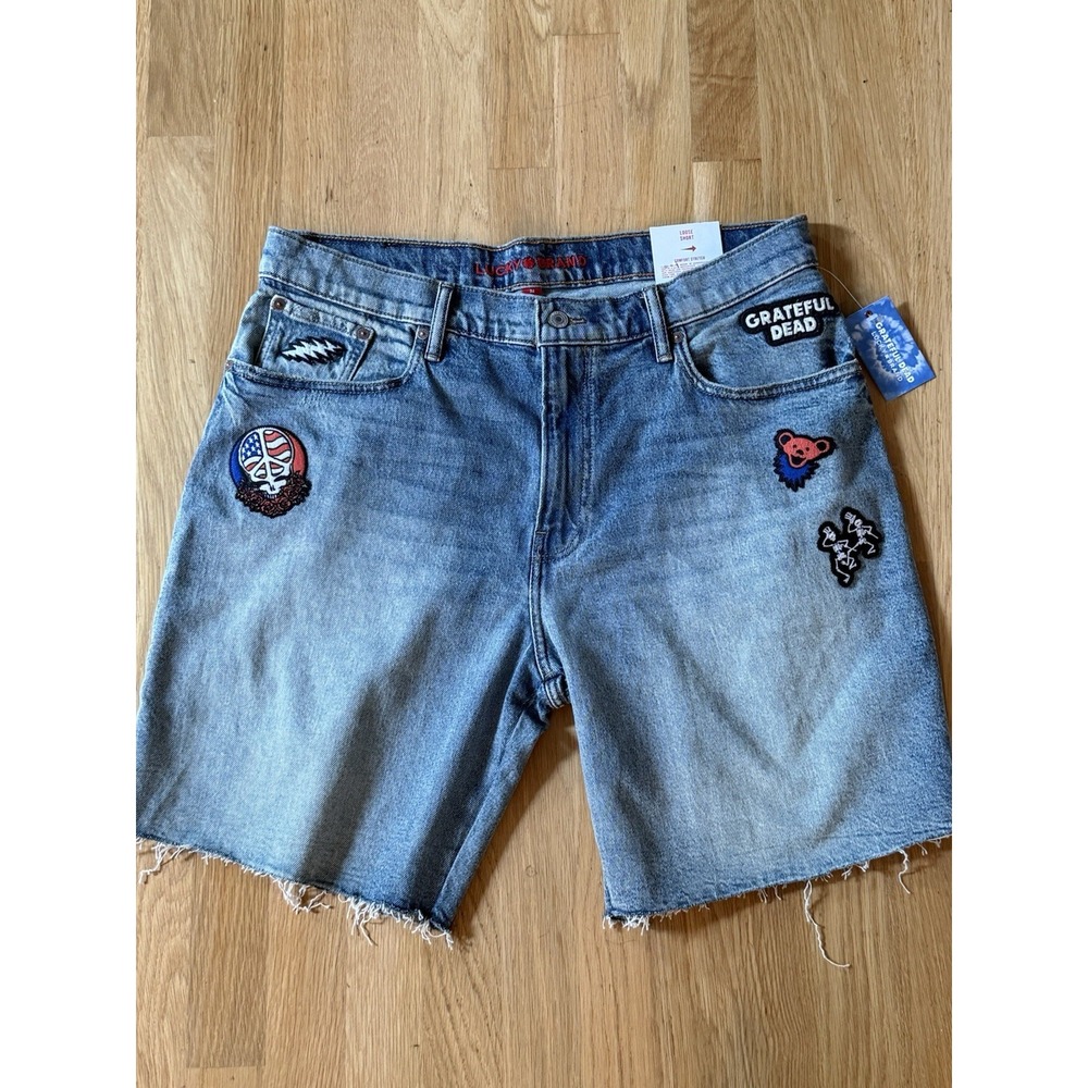 Lucky Brand Grateful Dead NWT Size 34 Denim Jean Loose Shorts Patches Embroidery